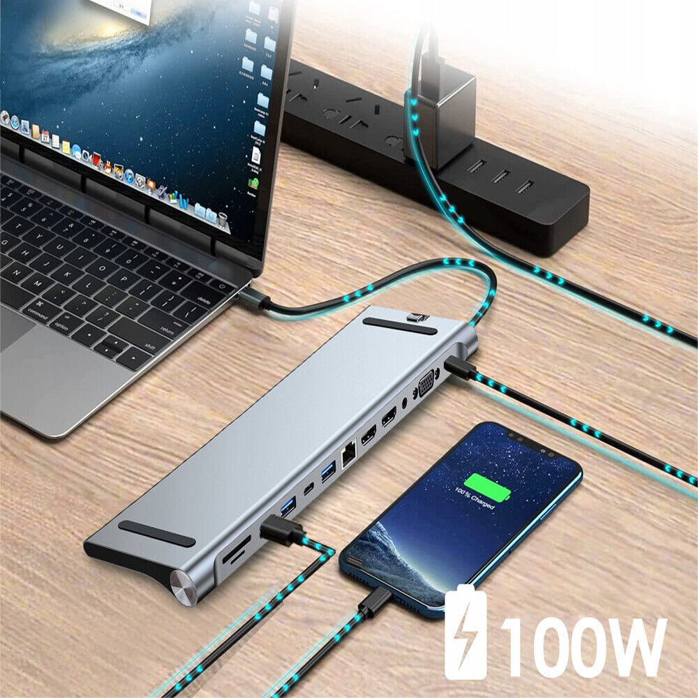 DOCKING STATION HUB ADAPTER 12IN1 FOR USB-C LAPTOP 2x HDMI 4K VGA SD TF RJ45 Manufacturer code 6PC0064-12IN1