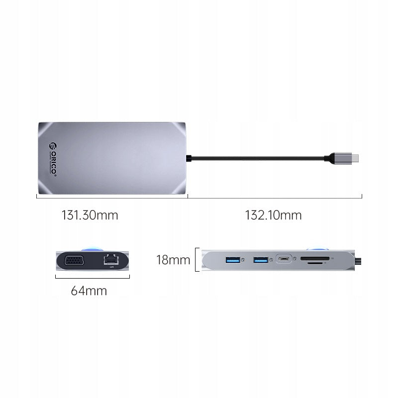 DOCKING STATION HUB ORICO USB-C 12IN1 HDMI 4K 60HZ VGA RJ45 PD 100W SD Manufacturer Orico