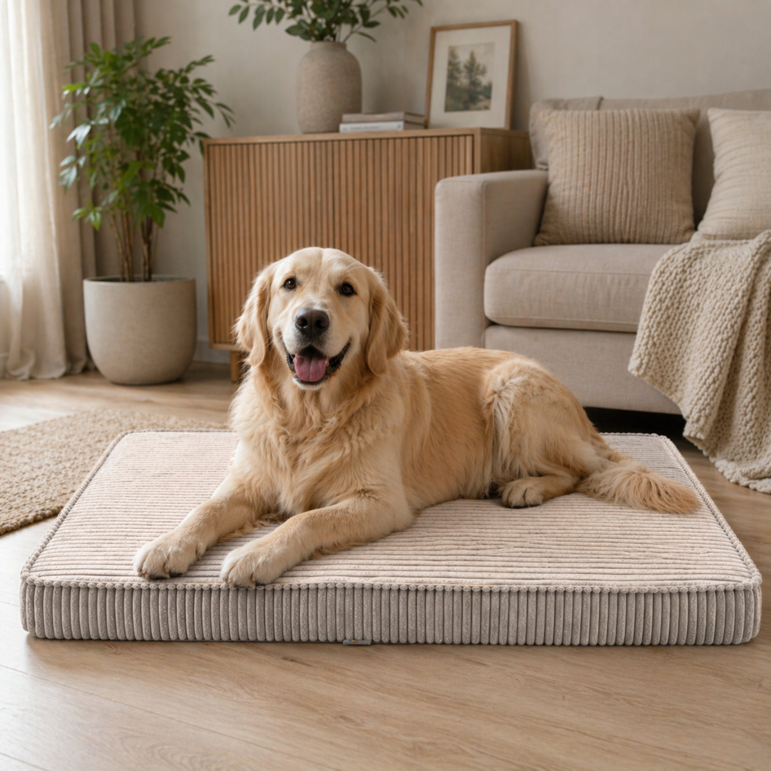 DOG BED BEDDING PLAYPEN MATTRESS MAT BEIGE CORDUROY 90X60X8 CM Length 90 cm
