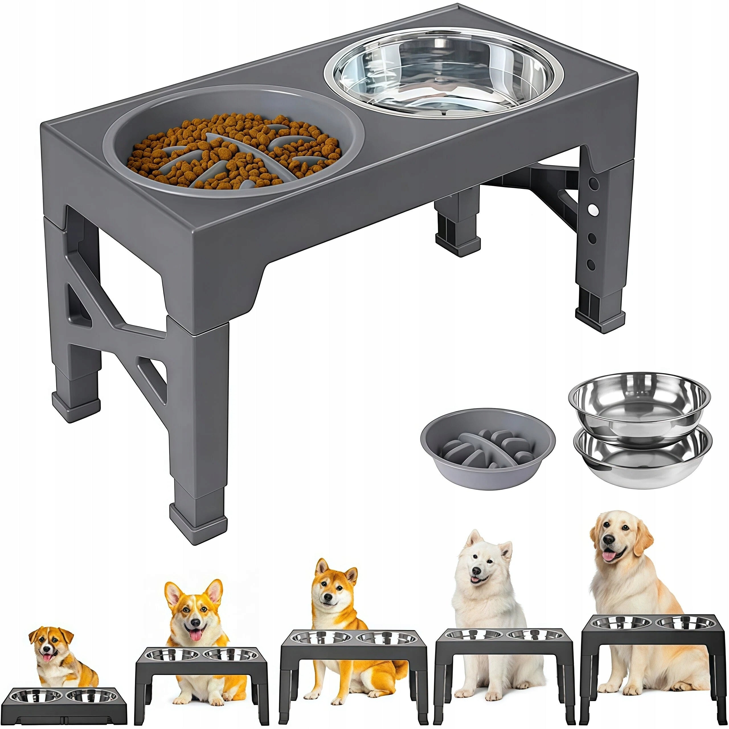 DOG BOWL 2IN1 ADJUSTABLE STAND 5HEIGHT GREY 1100ML FOR BIG DOGS Material other material