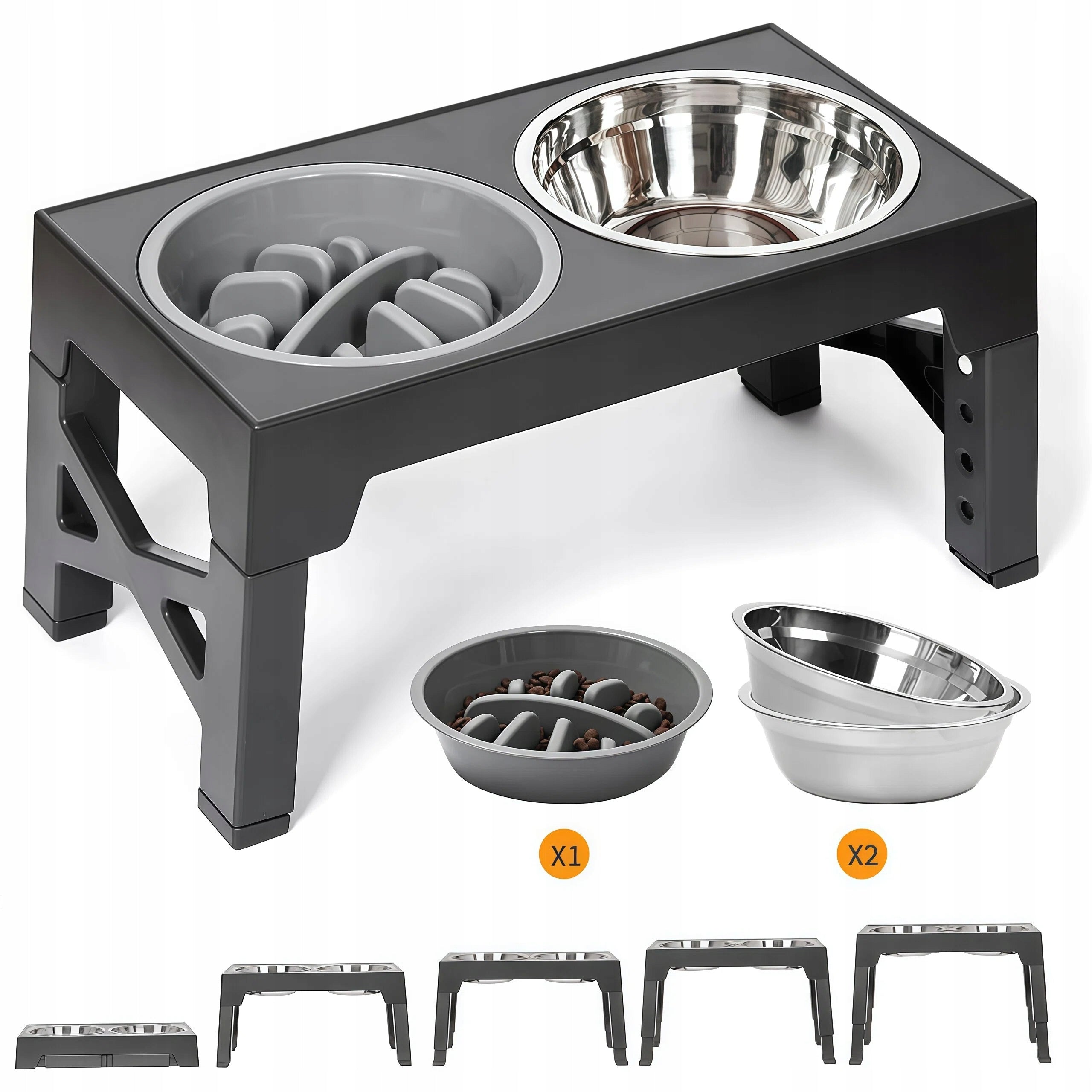 DOG BOWL 2IN1 ADJUSTABLE STAND 5HEIGHT GREY 1100ML FOR BIG DOGS Packaging status original