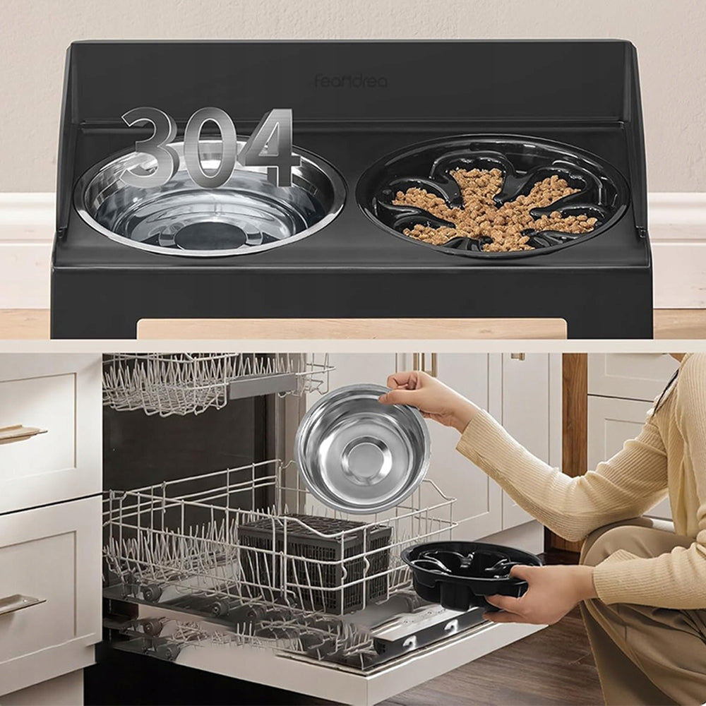 DOG BOWL DOUBLE NON-SPILL SLOWING ADJUSTABLE ON STAND 2IN1 Color black