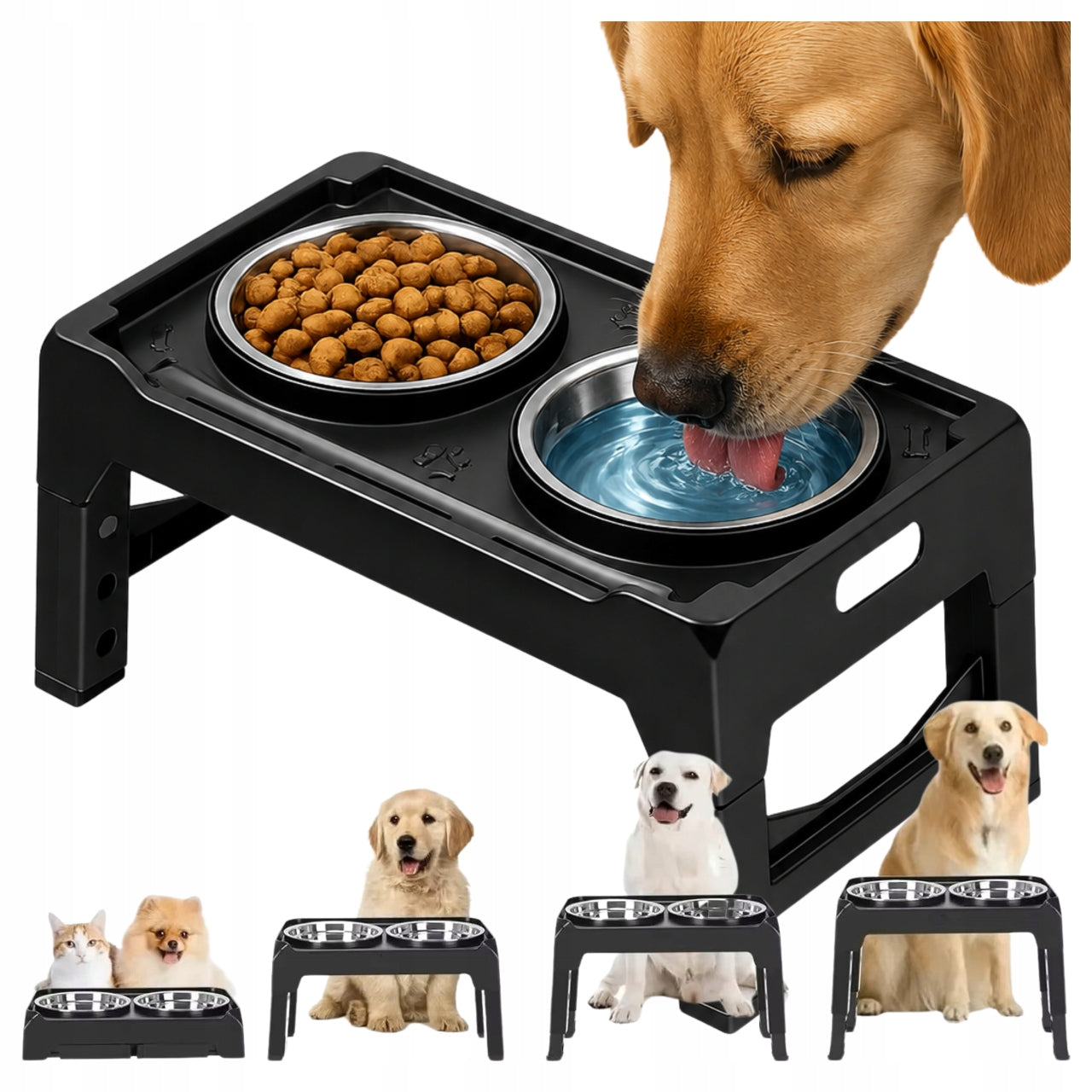 DOG BOWL Double On Stand Adjustable Slowing Metal Black