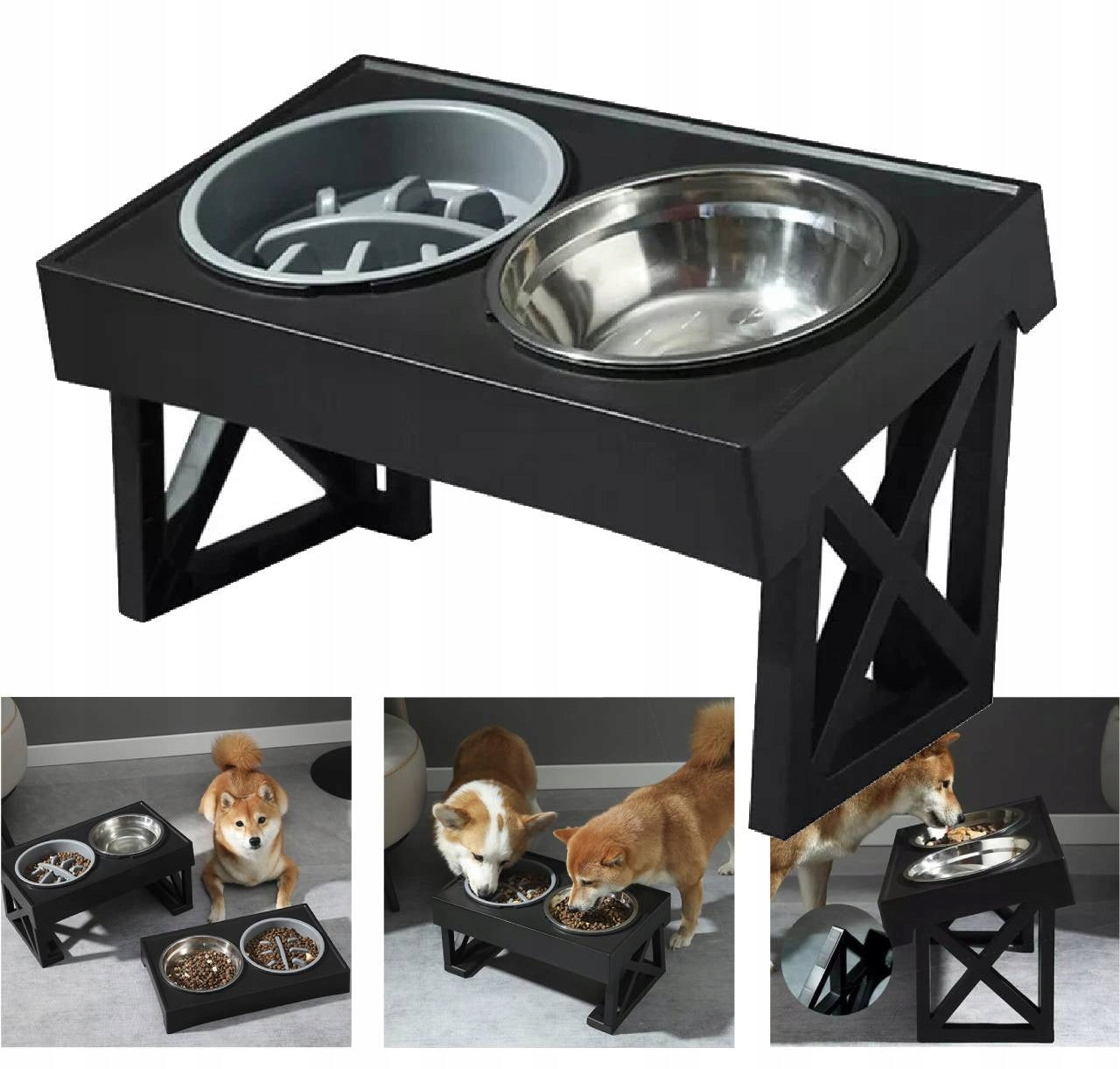DOG BOWL LARGE DOUBLE HEIGHT ADJUSTABLE STAND 2x METAL BOWLS