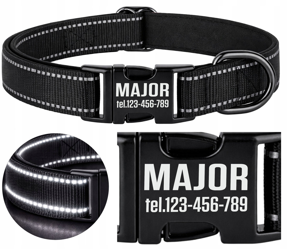 DOG COLLAR Strong REFLECTIVE ID Address + ENGRAVING / Roz. L