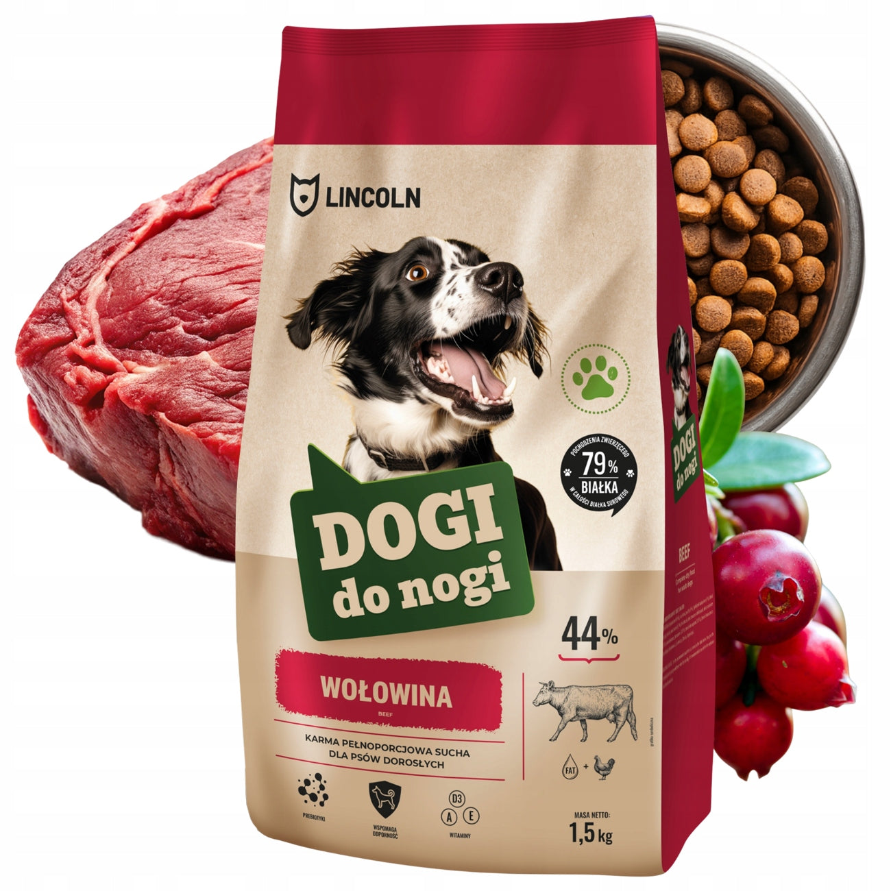 DOG FOOD MEAT 44% BEEF 1,5KG LEG DOGS LABRADOR SHEPHERD