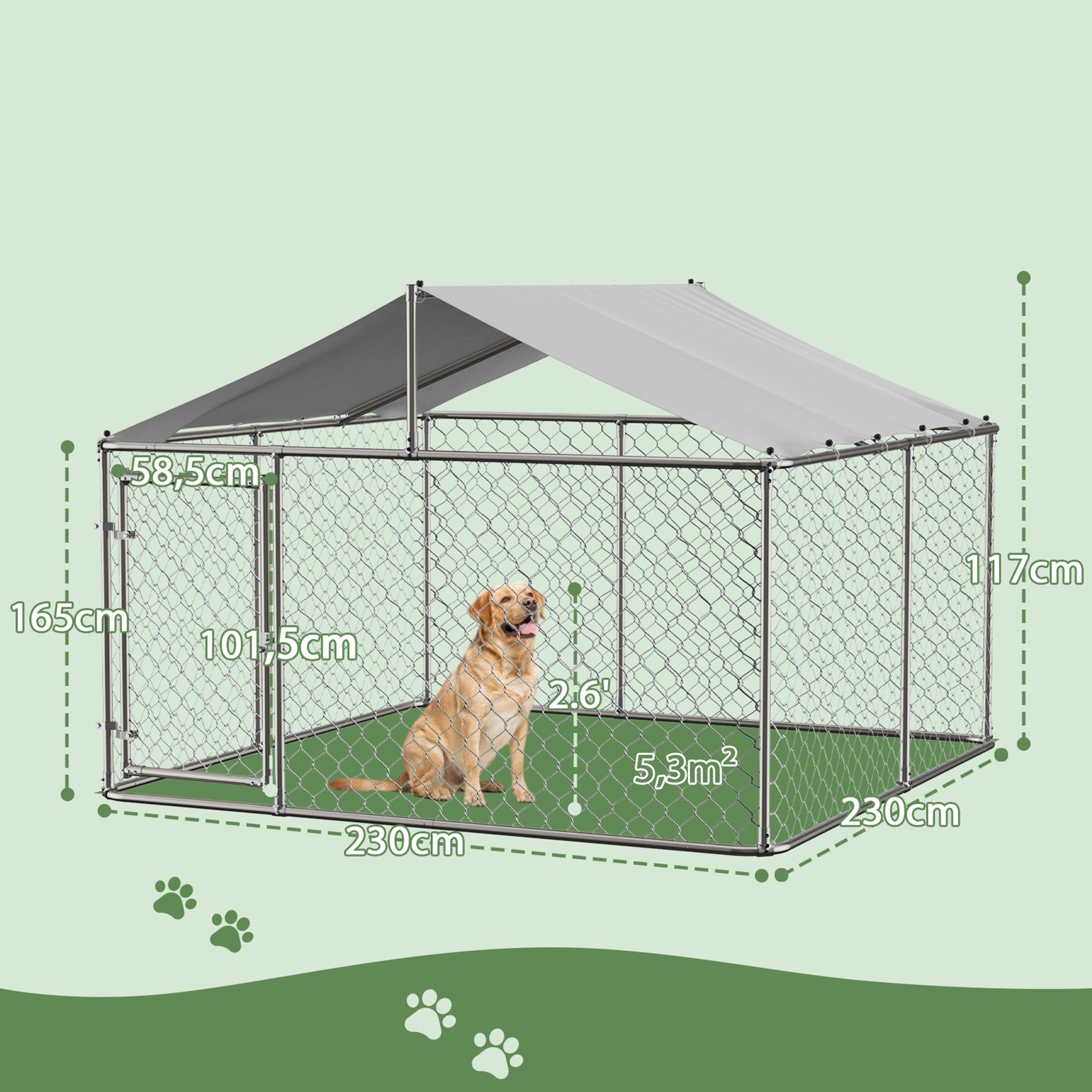 DOG PLAYPEN SPACIOUS WITH GALVANIZED STEEL ROOF AND SAFE GATE Product width 230 cm