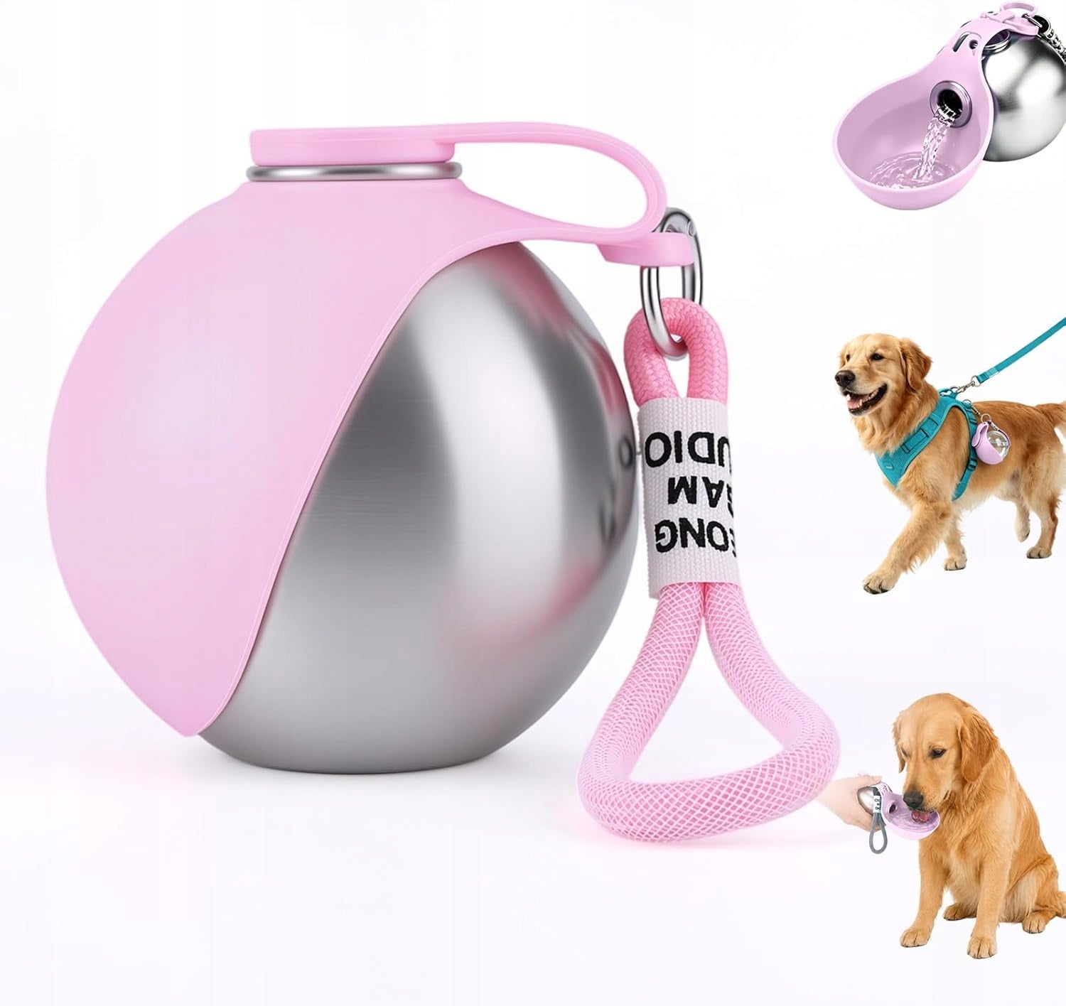 DOG WATER BOTTLE TRAVEL BOWL FOLDING PINK