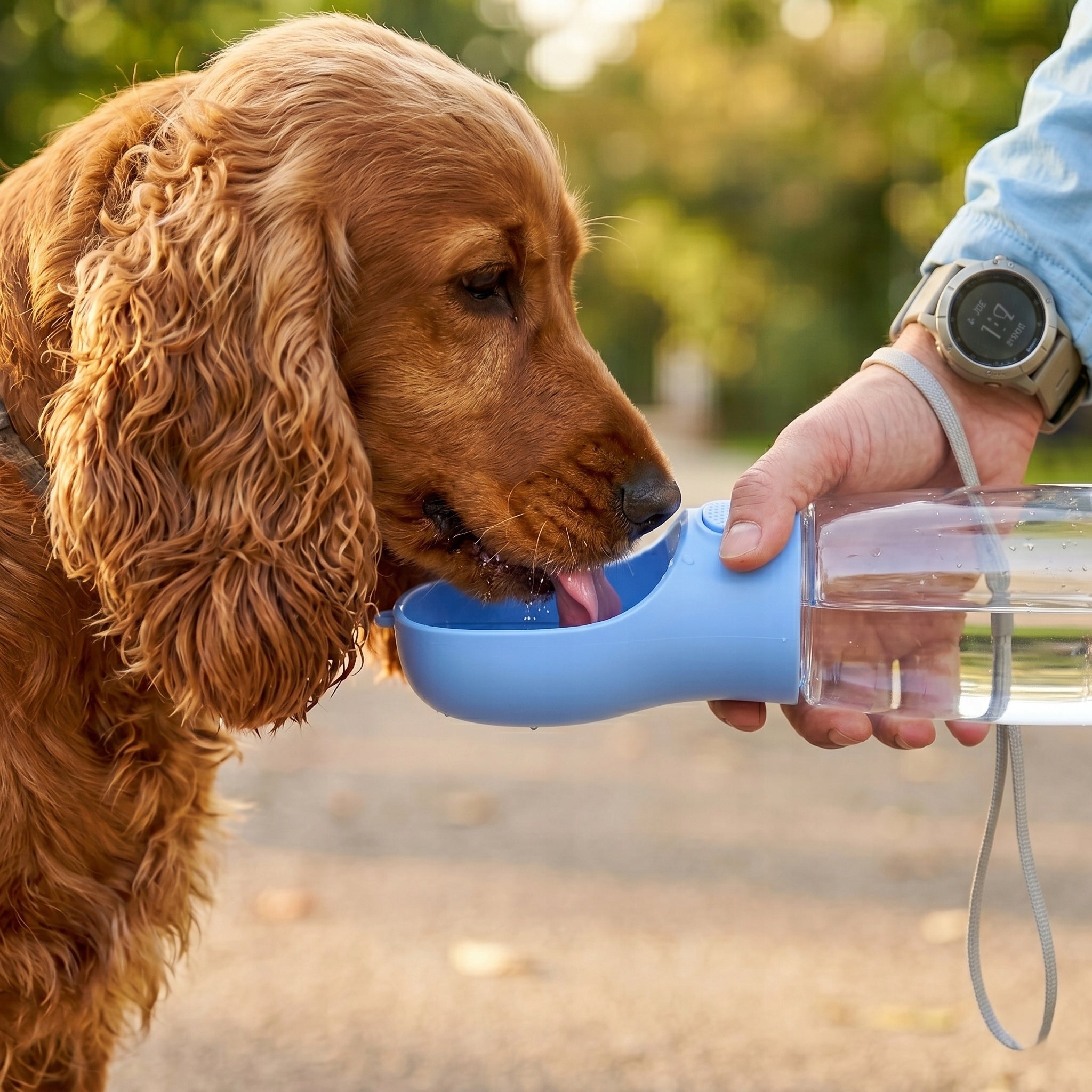 DOG WATER BOTTLE WITH BOWL TRAVEL PORTABLE DRINKER 350ml Color blue