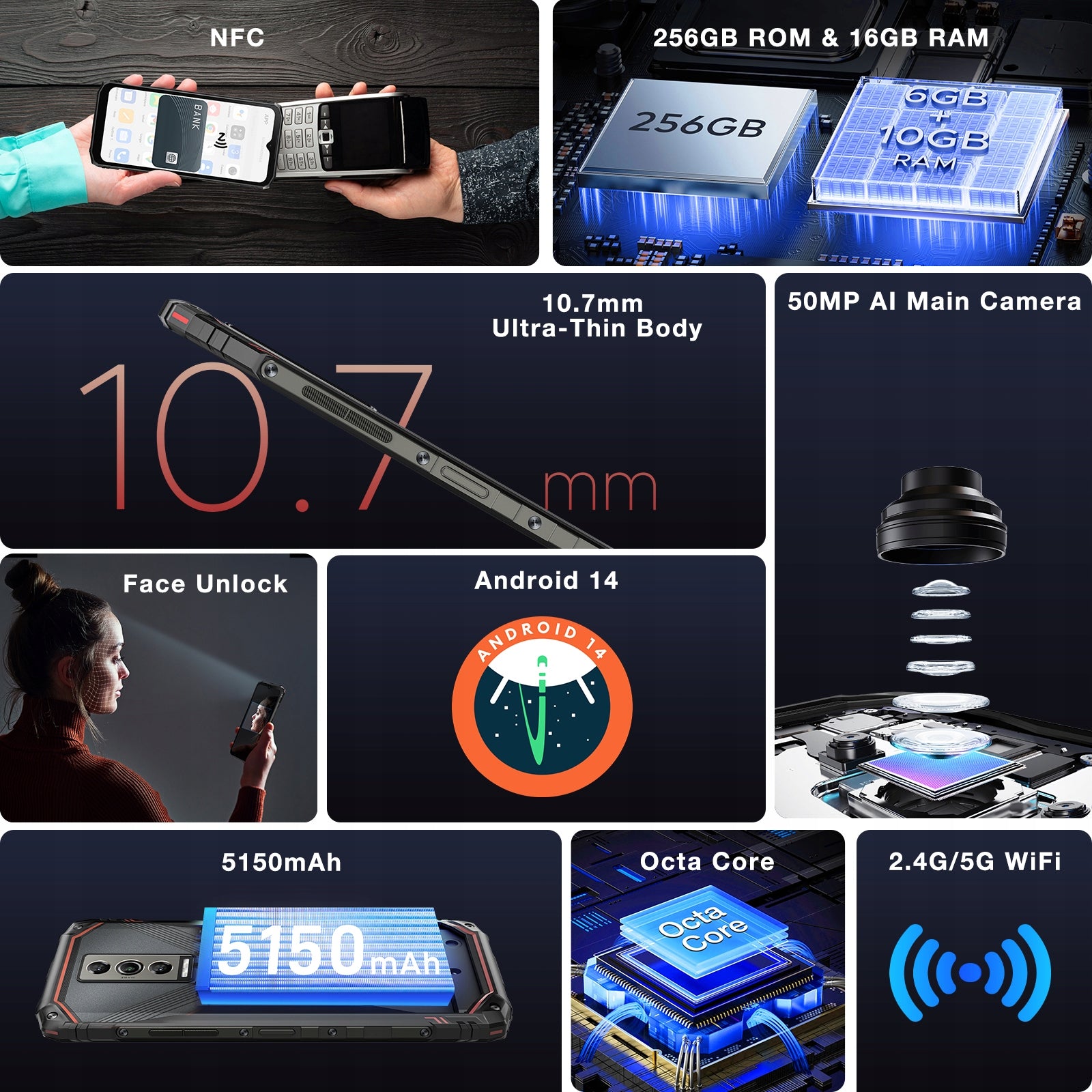 DOOGEE BLADE10PRO Android 14 smartphone 6.56" 16/256GB 5150mAh 50MP NFC Brand DOOGEE