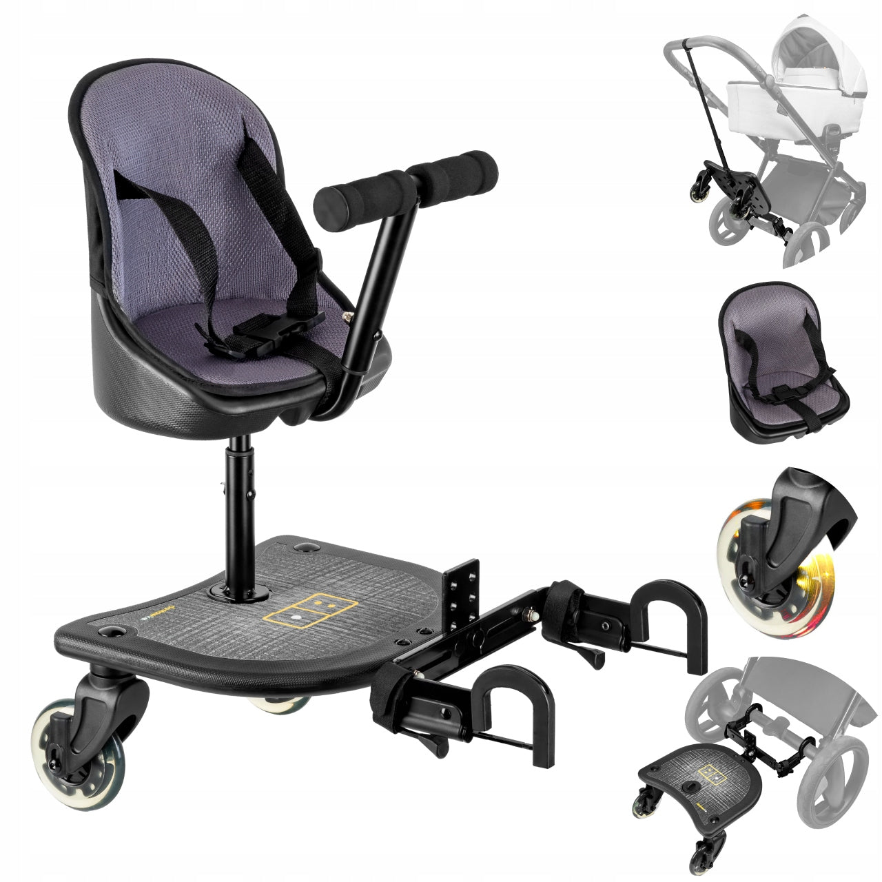 DOSTAWKA FOR STROLLER X RIDER - SEAT WITH BELTS + PLATFORM GLOWING LED WHEELS