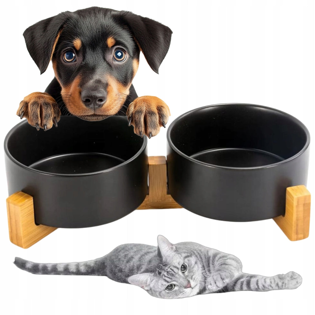 DOUBLE CERAMIC BOWL ON DOG STAND CAT BOWLS 2X400ml BLACK Brand NUXIE