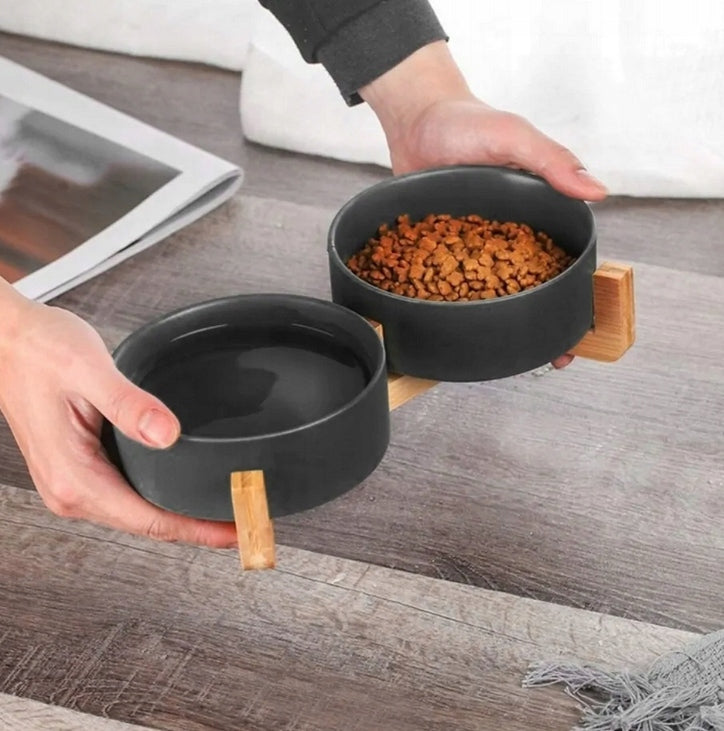 DOUBLE CERAMIC BOWL ON DOG STAND CAT BOWLS 2X400ml BLACK Color black