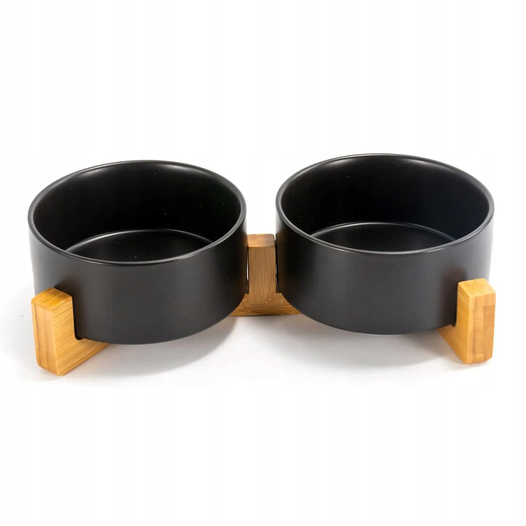 DOUBLE CERAMIC BOWL ON DOG STAND CAT BOWLS 2X400ml BLACK Trade name PODWÓJNA MISKA CERAMICZNA DLA PSA KOTA 2X400ML
