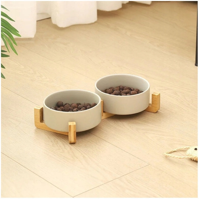 DOUBLE CERAMIC BOWL ON DOG STAND CAT BOWLS 2X400ml GREY Color gray
