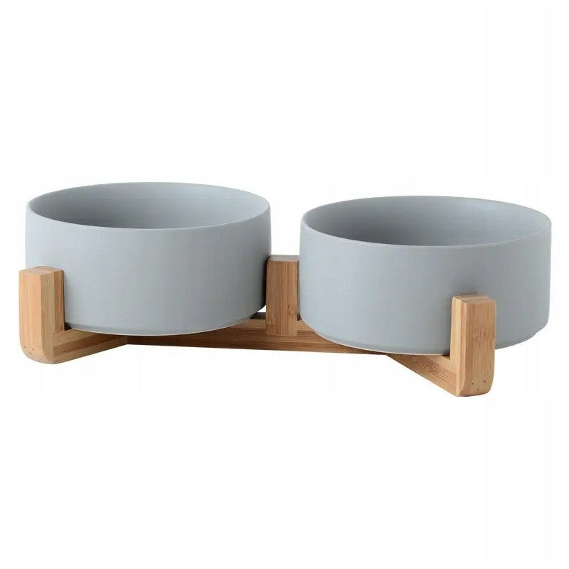 DOUBLE CERAMIC BOWL ON DOG STAND CAT BOWLS 2X400ml GREY Packaging status original