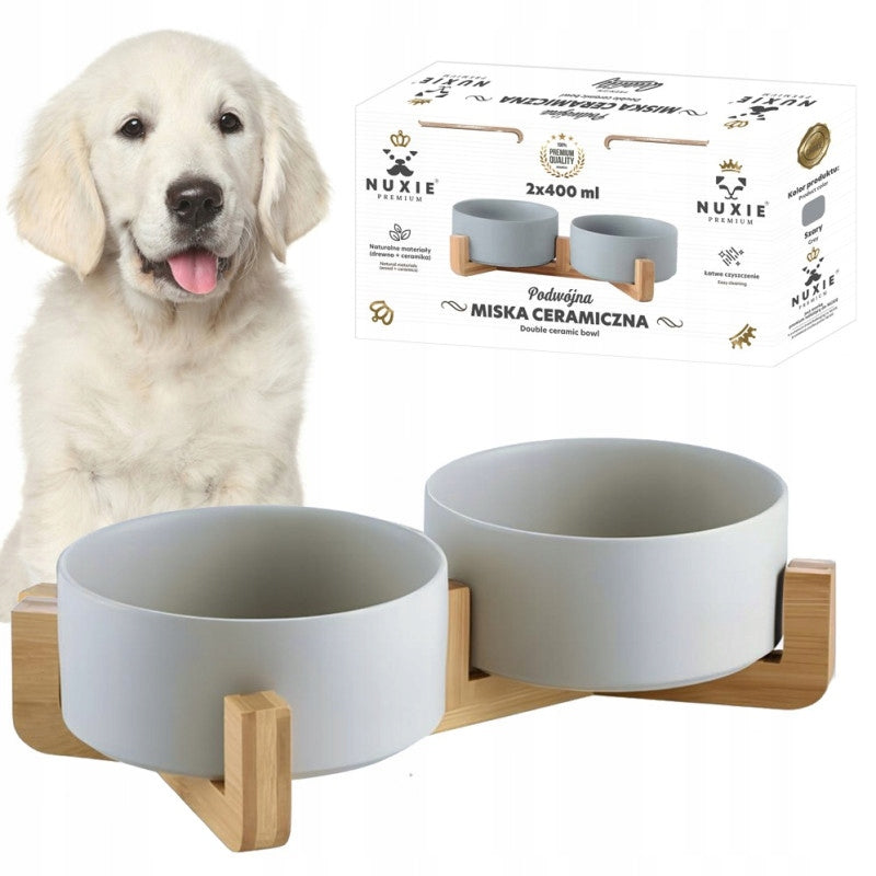 DOUBLE CERAMIC BOWL ON DOG STAND CAT BOWLS 2X400ml GREY Trade name 2x400 ml
