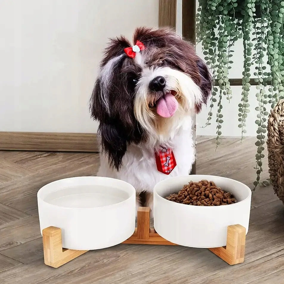 DOUBLE CERAMIC BOWL ON DOG STAND CAT BOWLS 2X400ml WHITE Brand NUXIE