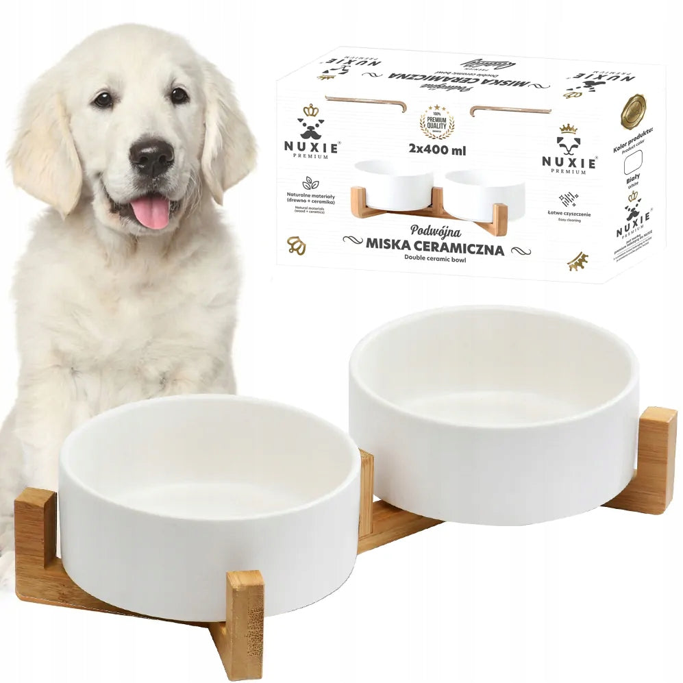 DOUBLE CERAMIC BOWL ON DOG STAND CAT BOWLS 2X400ml WHITE Capacity 0.8 l