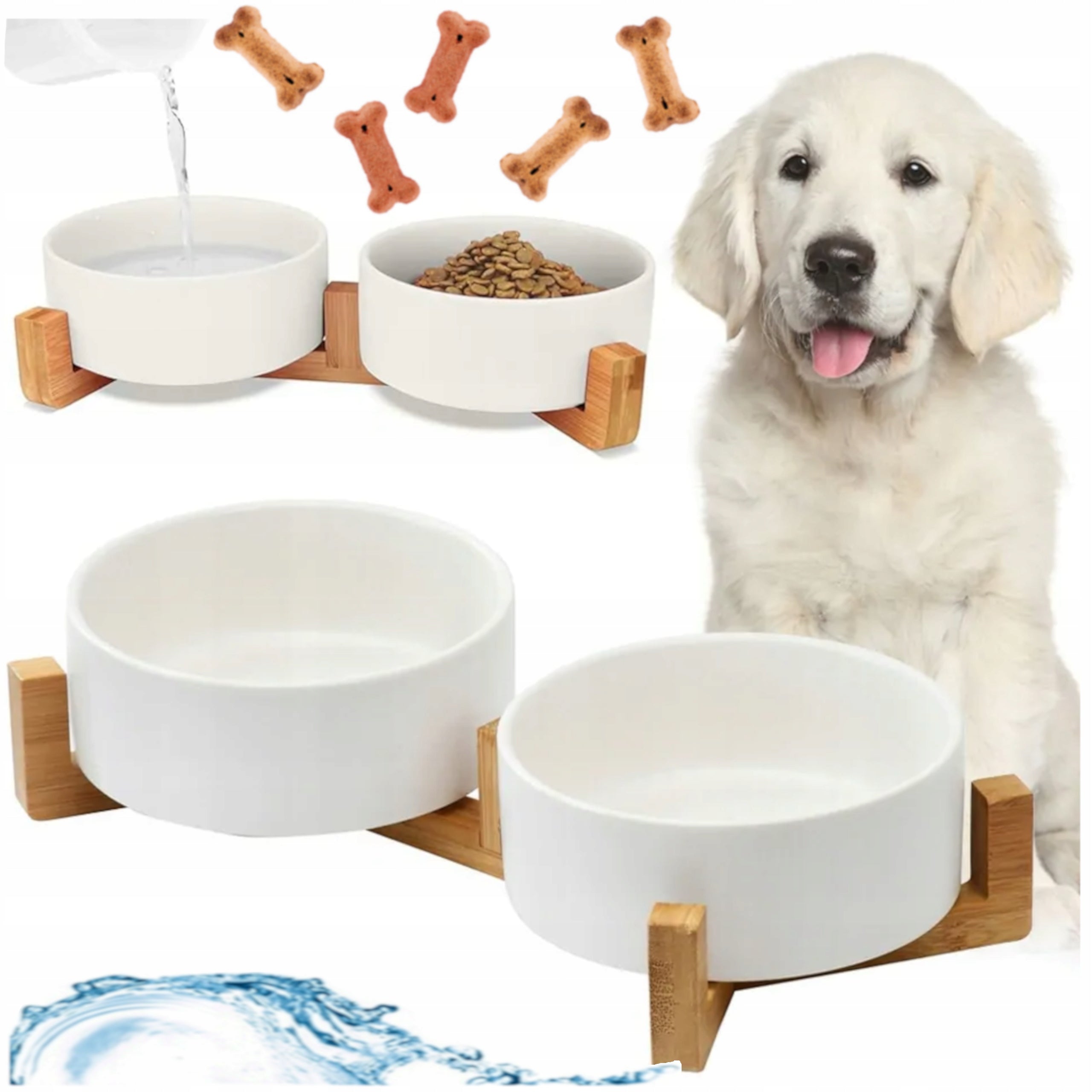 DOUBLE CERAMIC BOWL ON DOG STAND CAT BOWLS 2X400ml WHITE