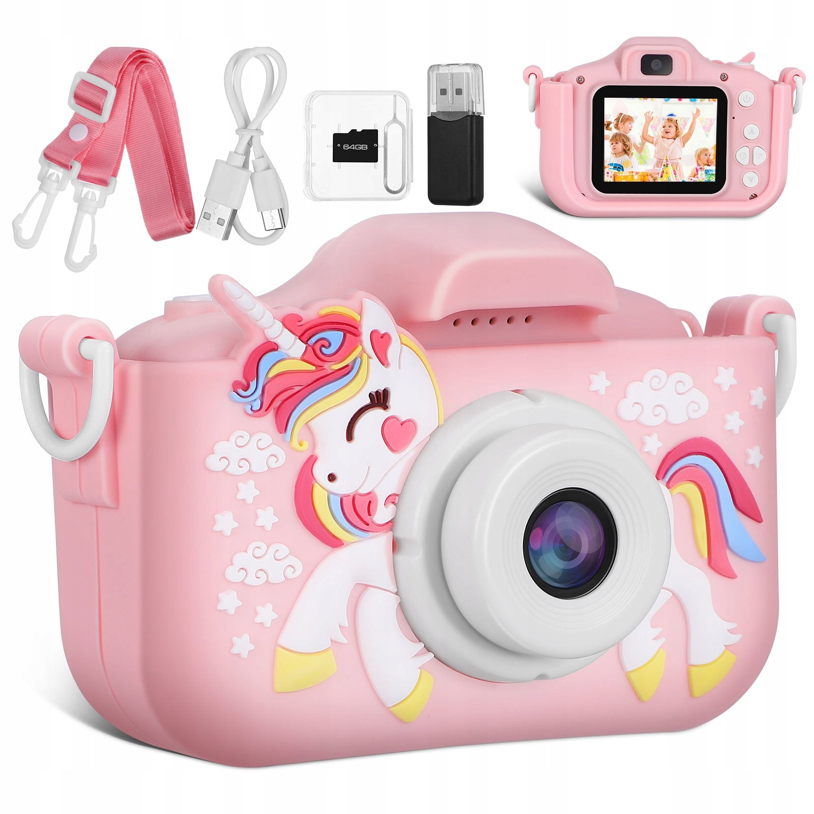 DOUBLE DIGITAL CAMERA FOR CHILDREN WITH SELFIE FULL HD UNICORN + 64GB CARD