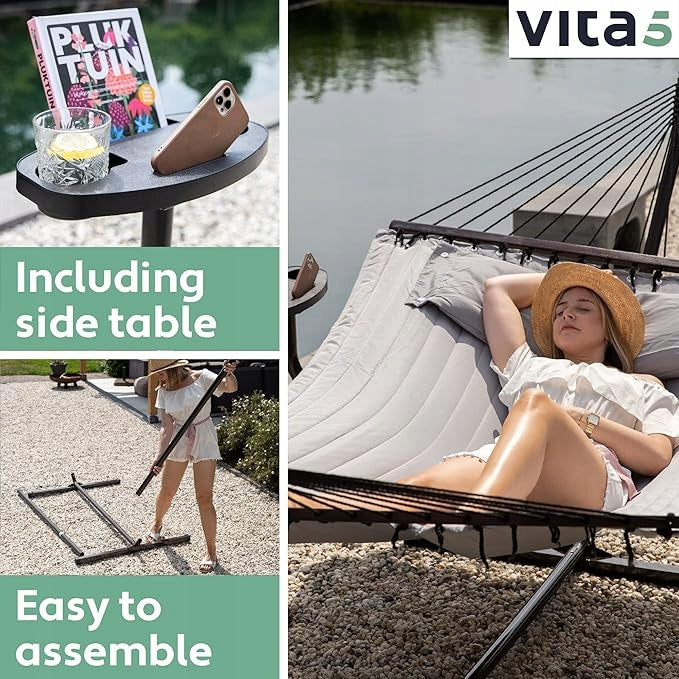 DOUBLE GARDEN HAMMOCK WITH FRAME FOR 2 PEOPLE AND BALCONY TABLE GREY Manufacturer no brand
