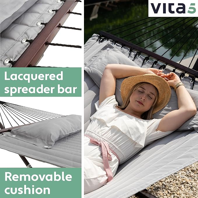 DOUBLE GARDEN HAMMOCK WITH FRAME FOR 2 PEOPLE AND BALCONY TABLE GREY Total length 350 cm