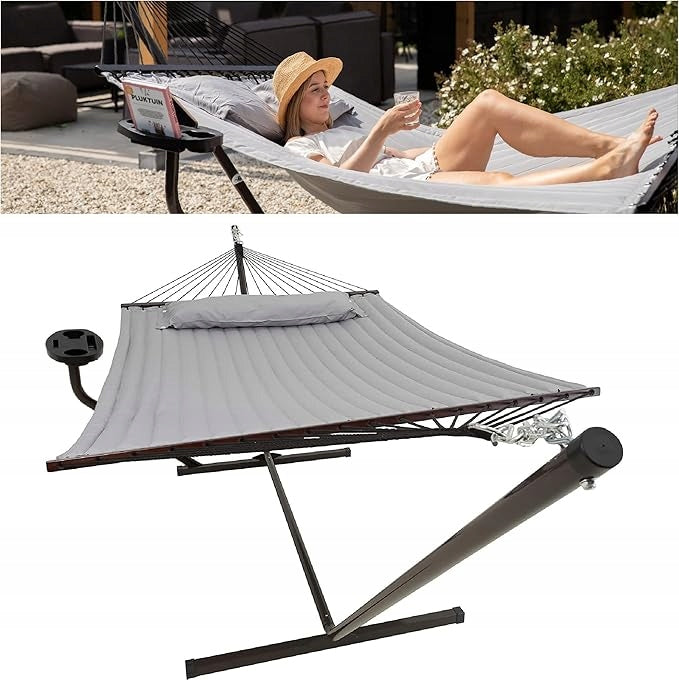 DOUBLE GARDEN HAMMOCK WITH FRAME FOR 2 PEOPLE AND BALCONY TABLE GREY