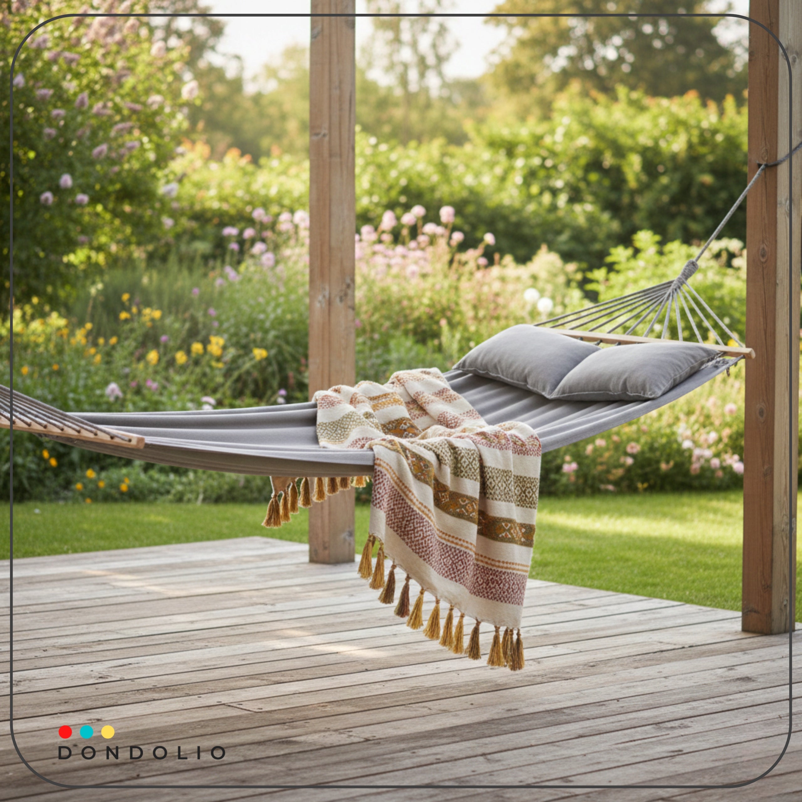 DOUBLE GARDEN HAMMOCK XXL LARGE LIGHT GREY BOHO WITH PILLOW BAR Material width 150 cm