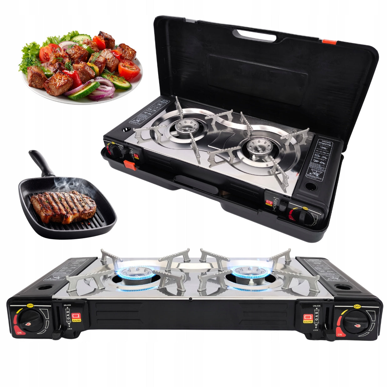 DOUBLE GAS TOURIST COOKER FOR CARTOUCHE AND CYLINDERS two BURNERS