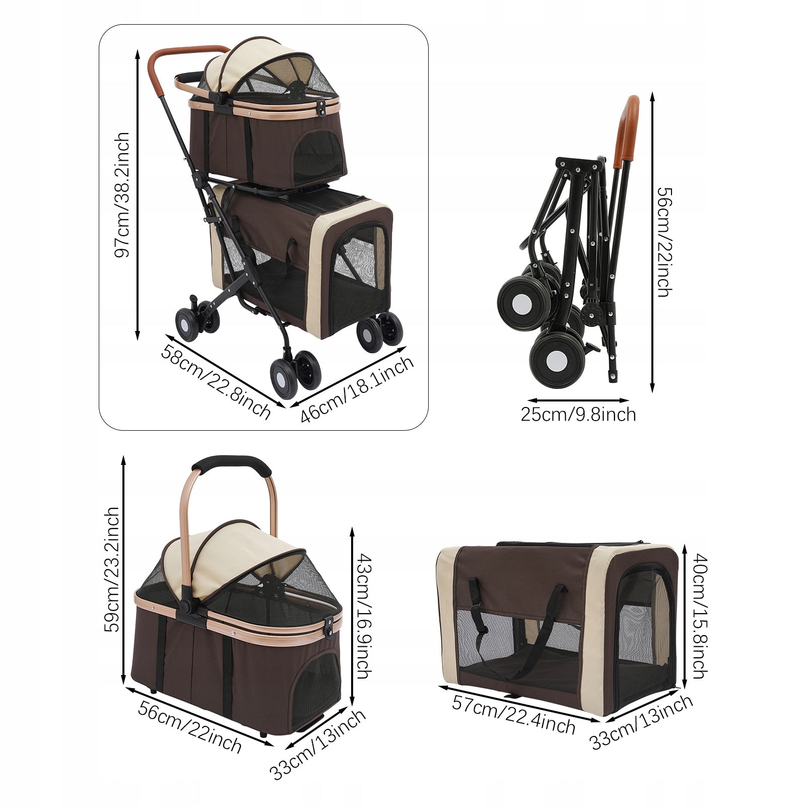 DOUBLE LAYER FOLDING PET STROLLER 46*58*97 CM COFFEE BROWN Brand no brand