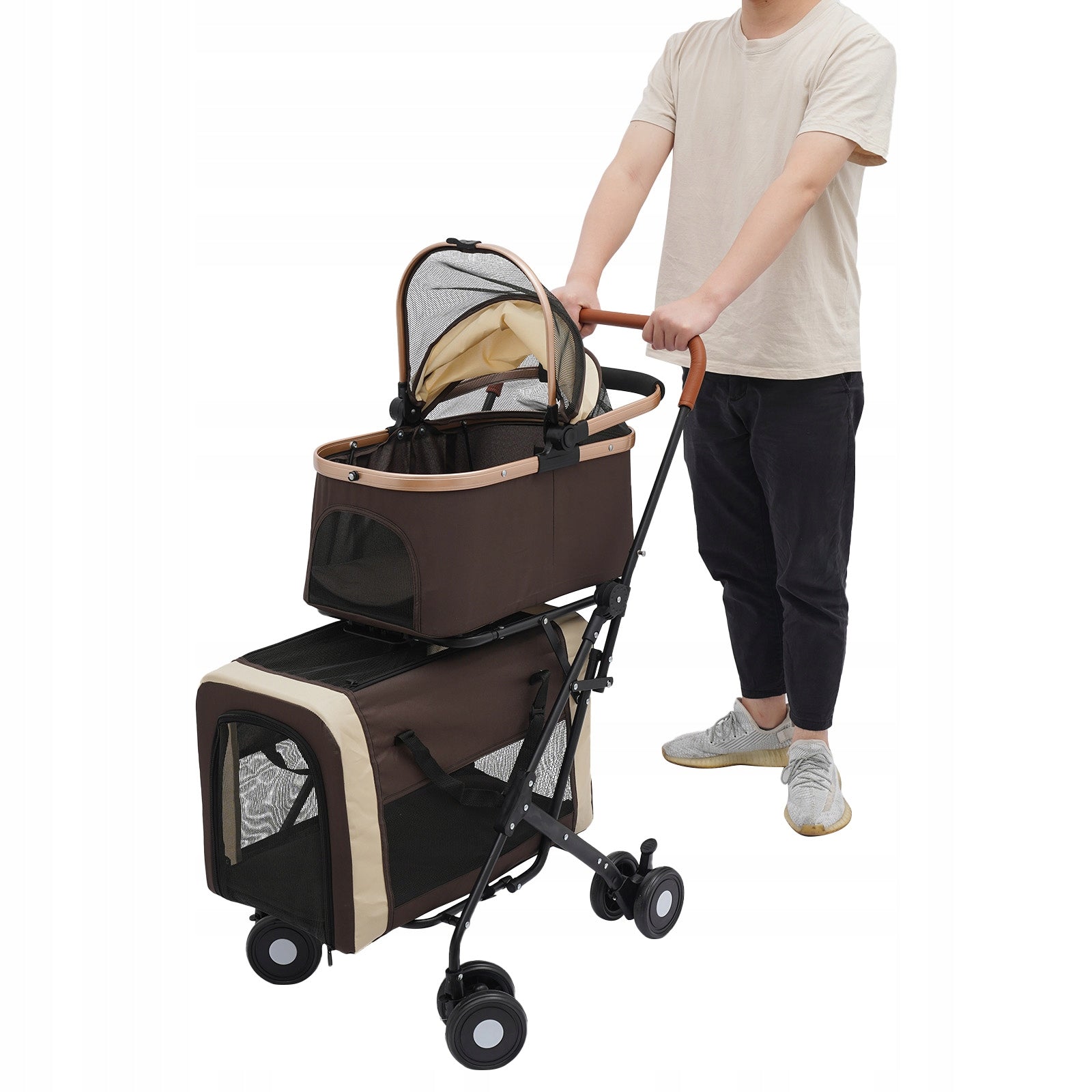 DOUBLE LAYER FOLDING PET STROLLER 46*58*97 CM COFFEE BROWN Product width 46 cm