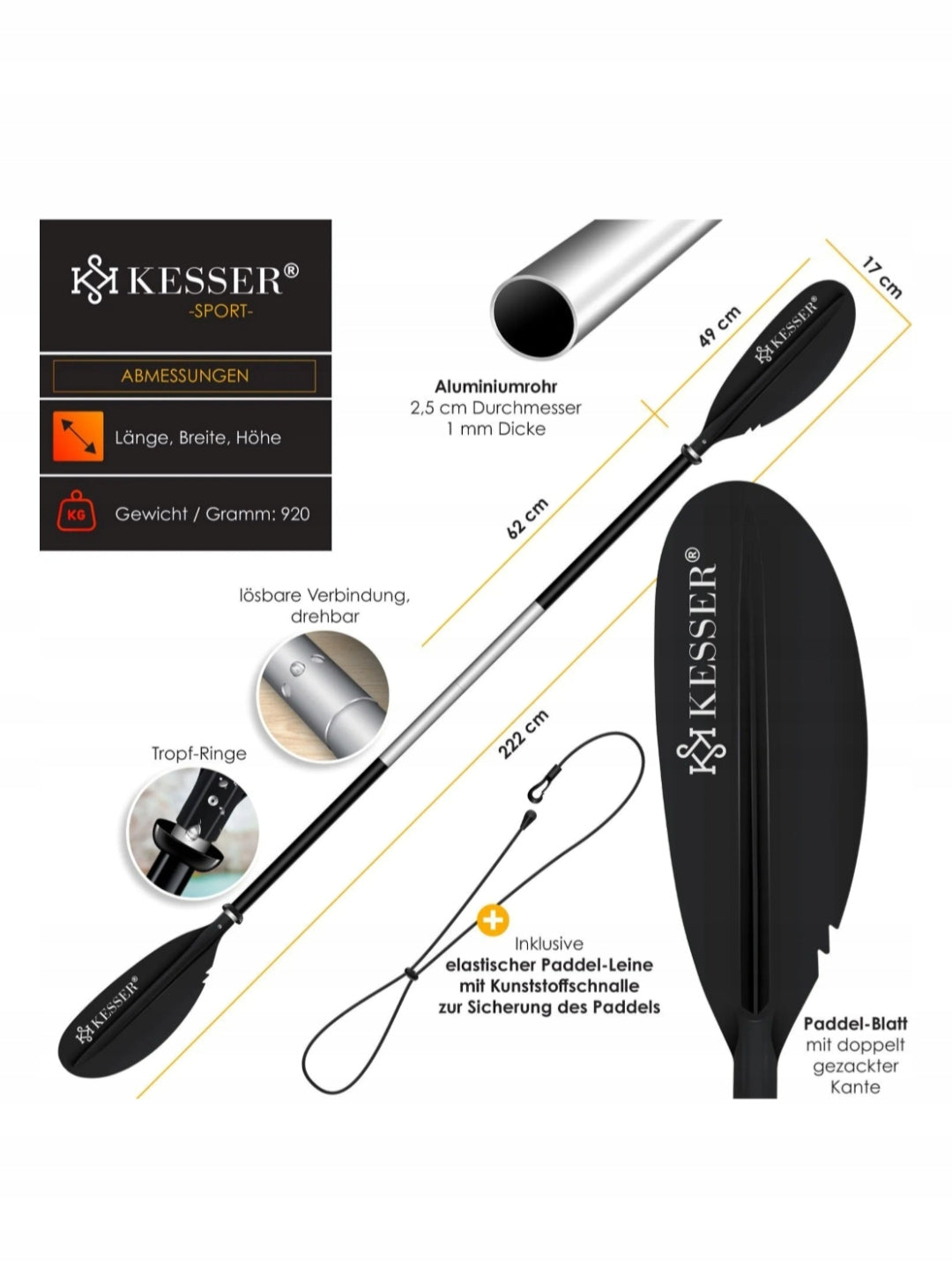 DOUBLE PADDLE SUP KAYAK FOLDING LIGHTWEIGHT ALUMINUM KESSER Color black