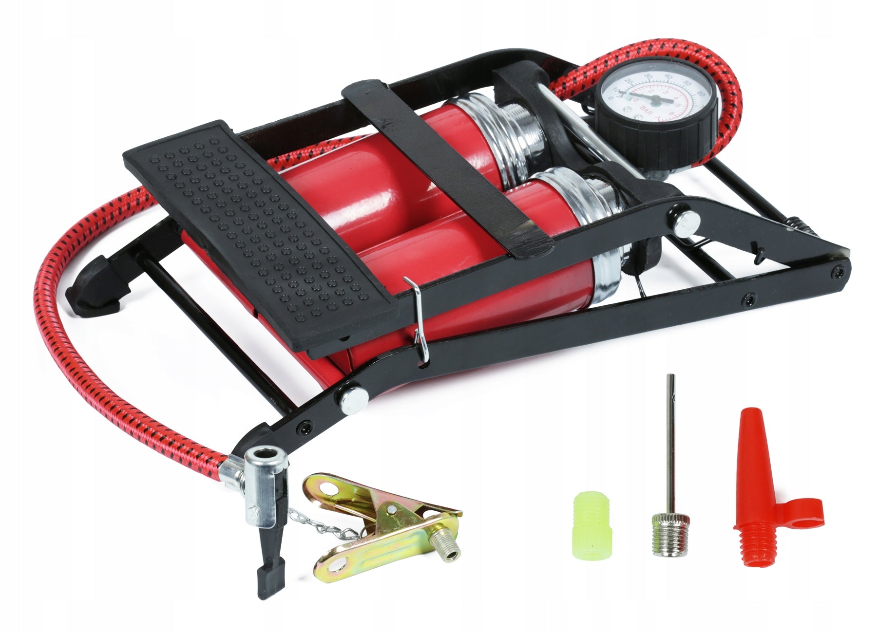 DOUBLE PISTON CAR FOOT PUMP WITH BICYCLE PRESSURE GAUGE MATTRESS BALL Manufacturer code CC-110A-RED