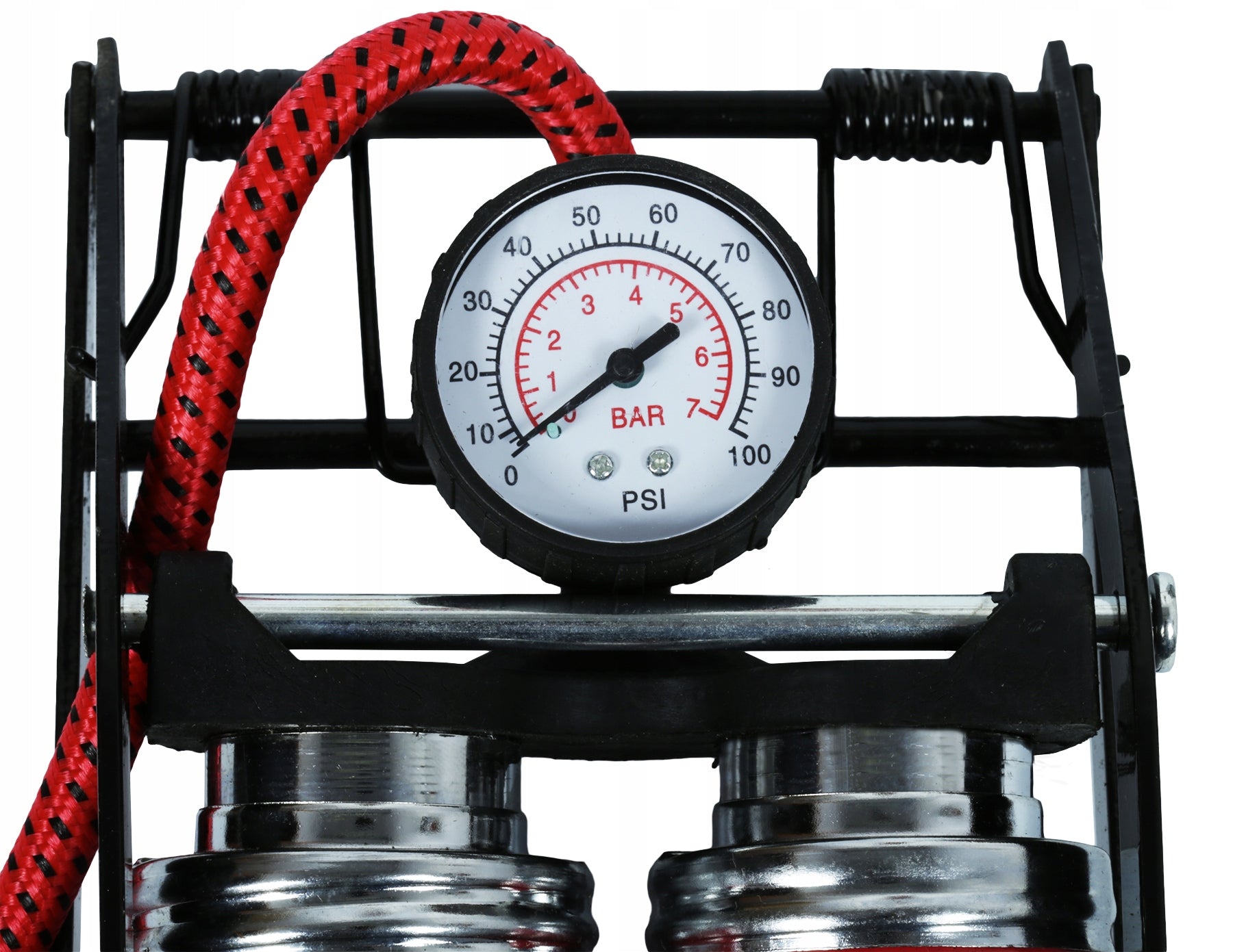 DOUBLE PISTON CAR FOOT PUMP WITH BICYCLE PRESSURE GAUGE MATTRESS BALL Model CC-110A-RED