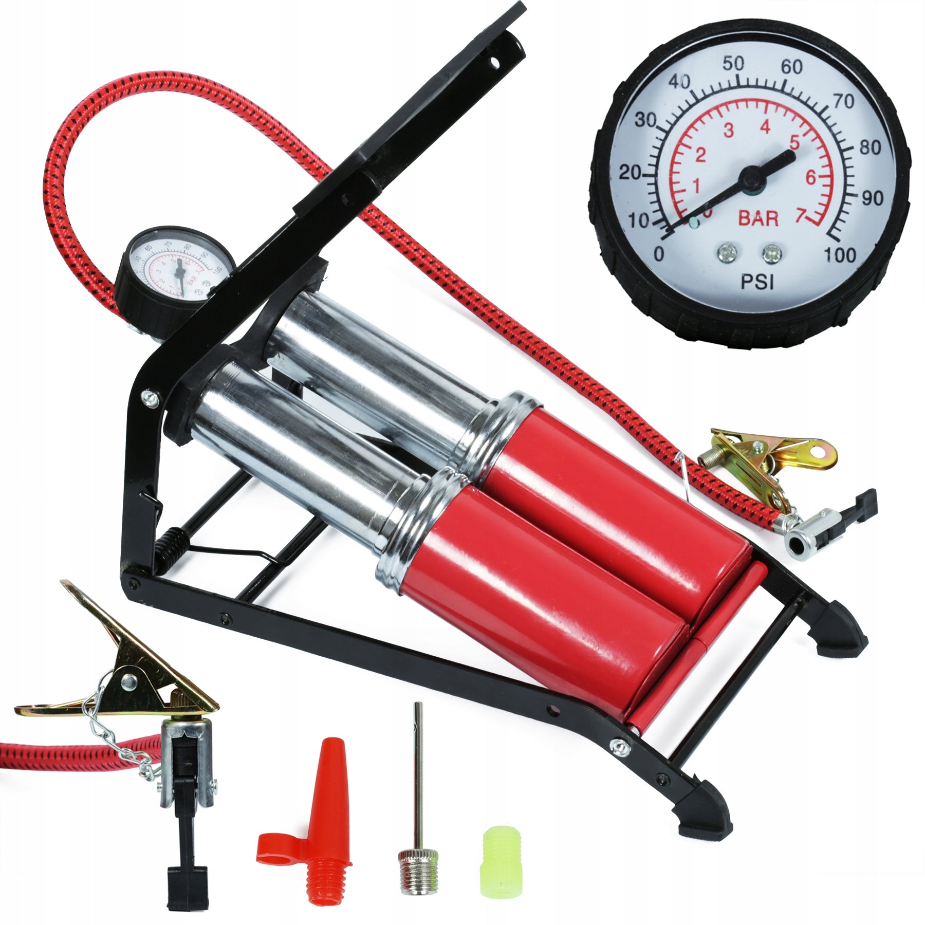 DOUBLE PISTON CAR FOOT PUMP WITH BICYCLE PRESSURE GAUGE MATTRESS BALL
