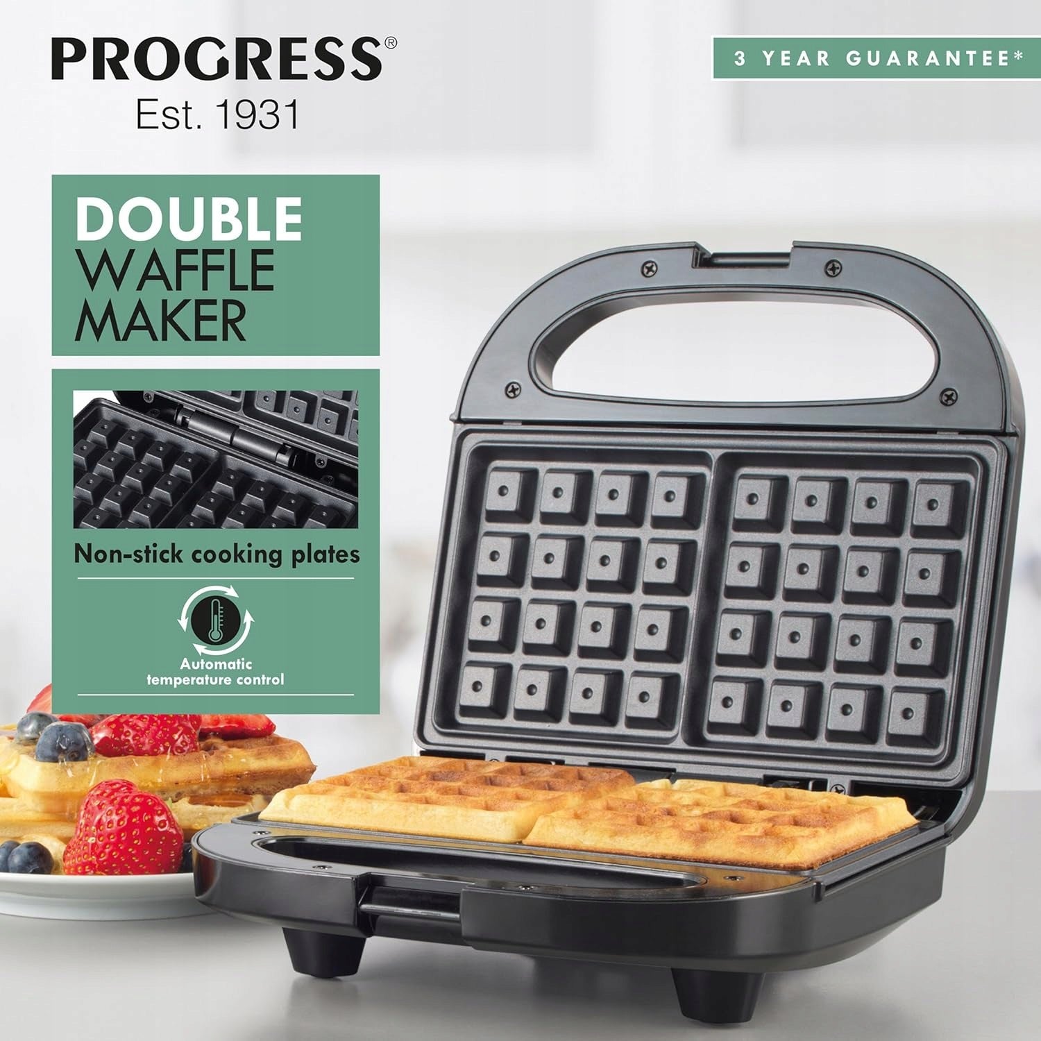 DOUBLE WAFFLE IRON PROGRESS 750W NON-STICK SELF-ADJUSTING PLATES Packaging status original