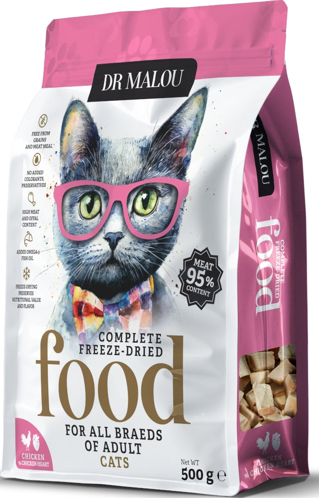 DR MALOU FREEZE-DRIED CAT FOOD CHICKEN WITH CHICKEN HEARTS 500G