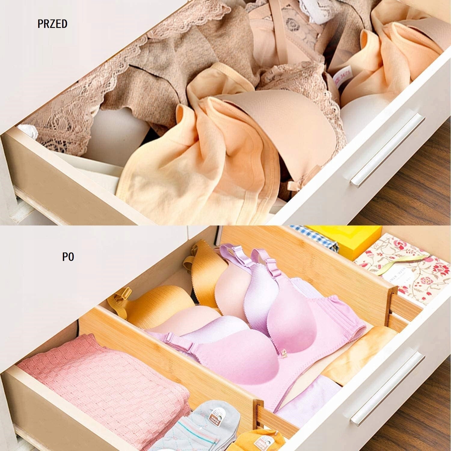 DRAWER DIVIDERS ORGANIZERS 4 PIECES BAMBOO COMPARTMENTS SEPARATORS Length 56 cm
