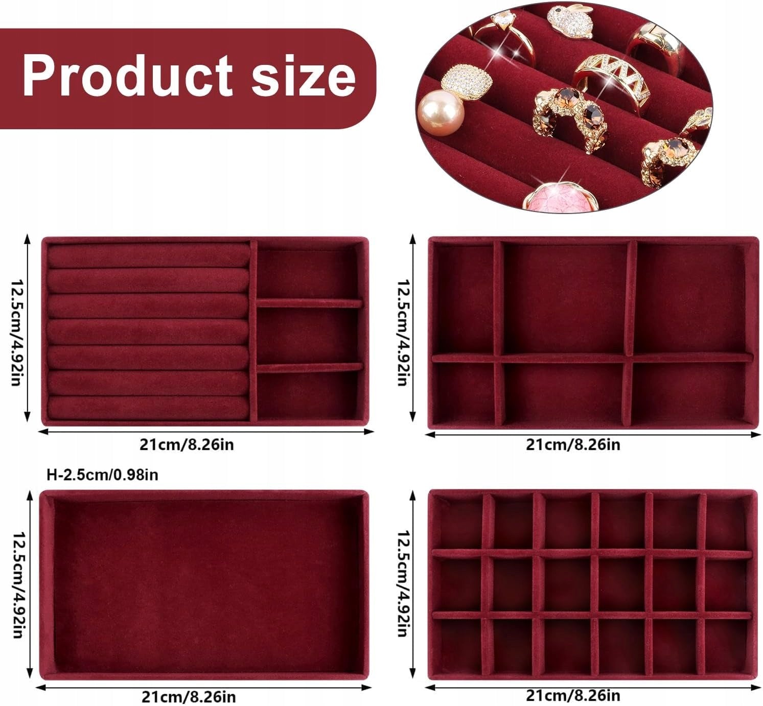DRAWER JEWELRY ORGANIZER SET OF 4 BURGUNDY CARTRIDGE Manufacturer code ORGANIZER NA BIŻUTERIĘ DO SZUFLADY ZESTAW