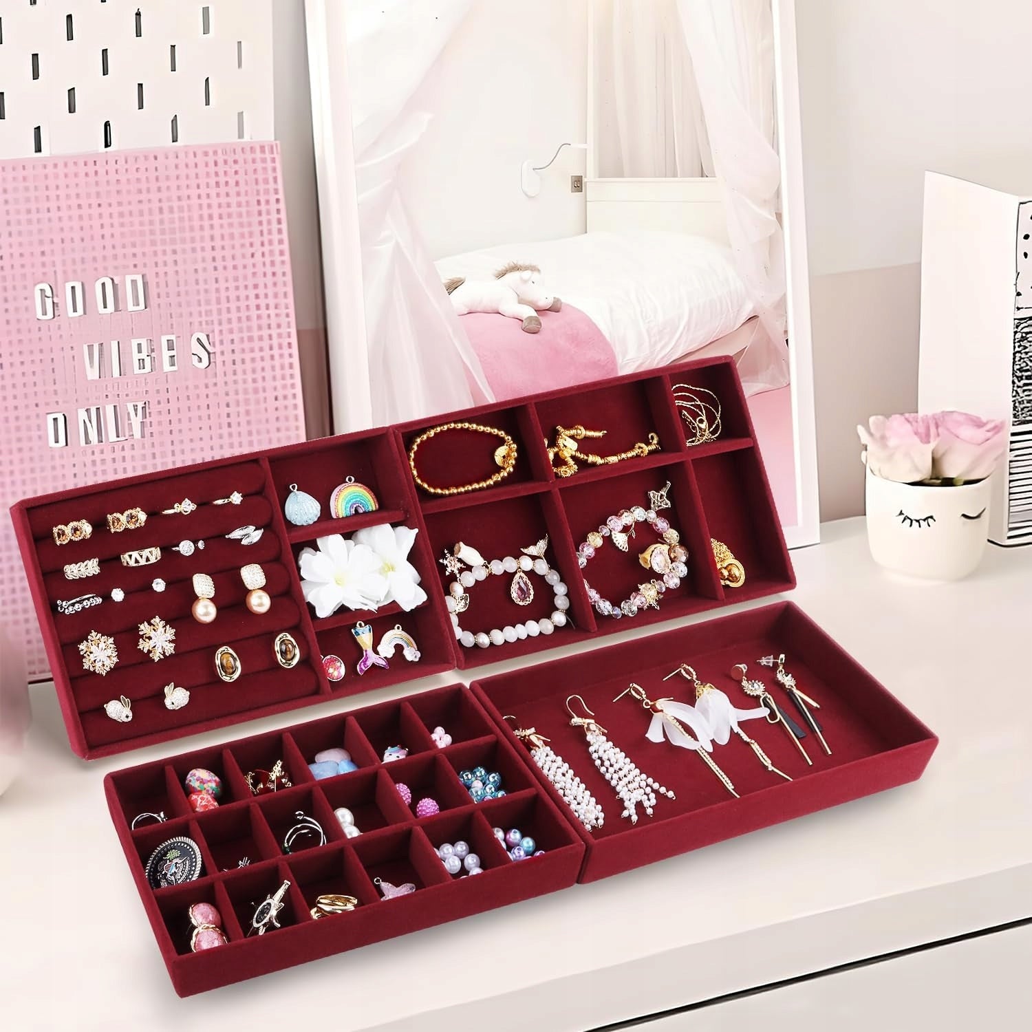 DRAWER JEWELRY ORGANIZER SET OF 4 BURGUNDY CARTRIDGE Packaging status original