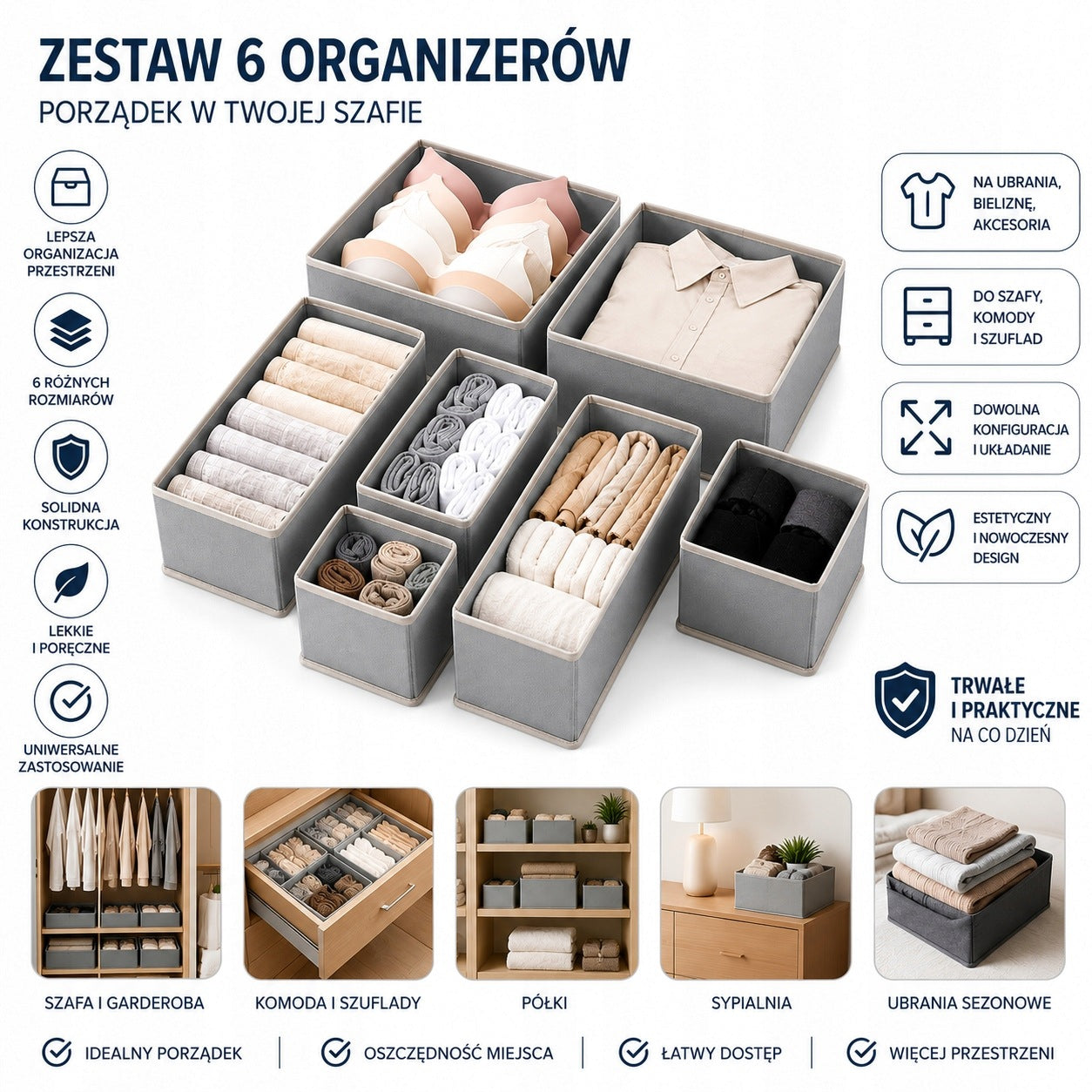 DRAWER ORGANIZER SET OF 6 PIECES FOR UNDERWEAR CLOTHES FOR CLOSET PARTITION Manufacturer code FA829