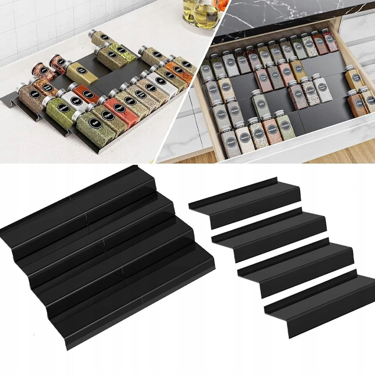 DRAWER SPICE ORGANIZER RACK JAR REFILL WITH 6X LABELS