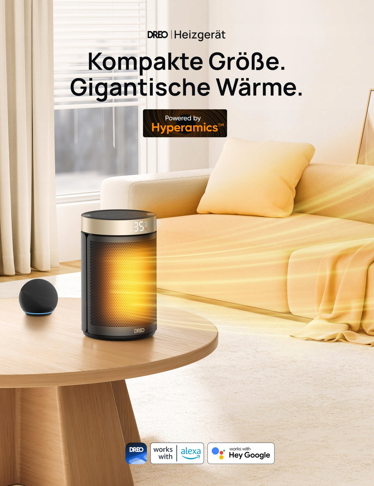 DREO Energy Efficient Ceramic Heater 1500W With Thermostat Gold Version 2 Heating power 1500 W