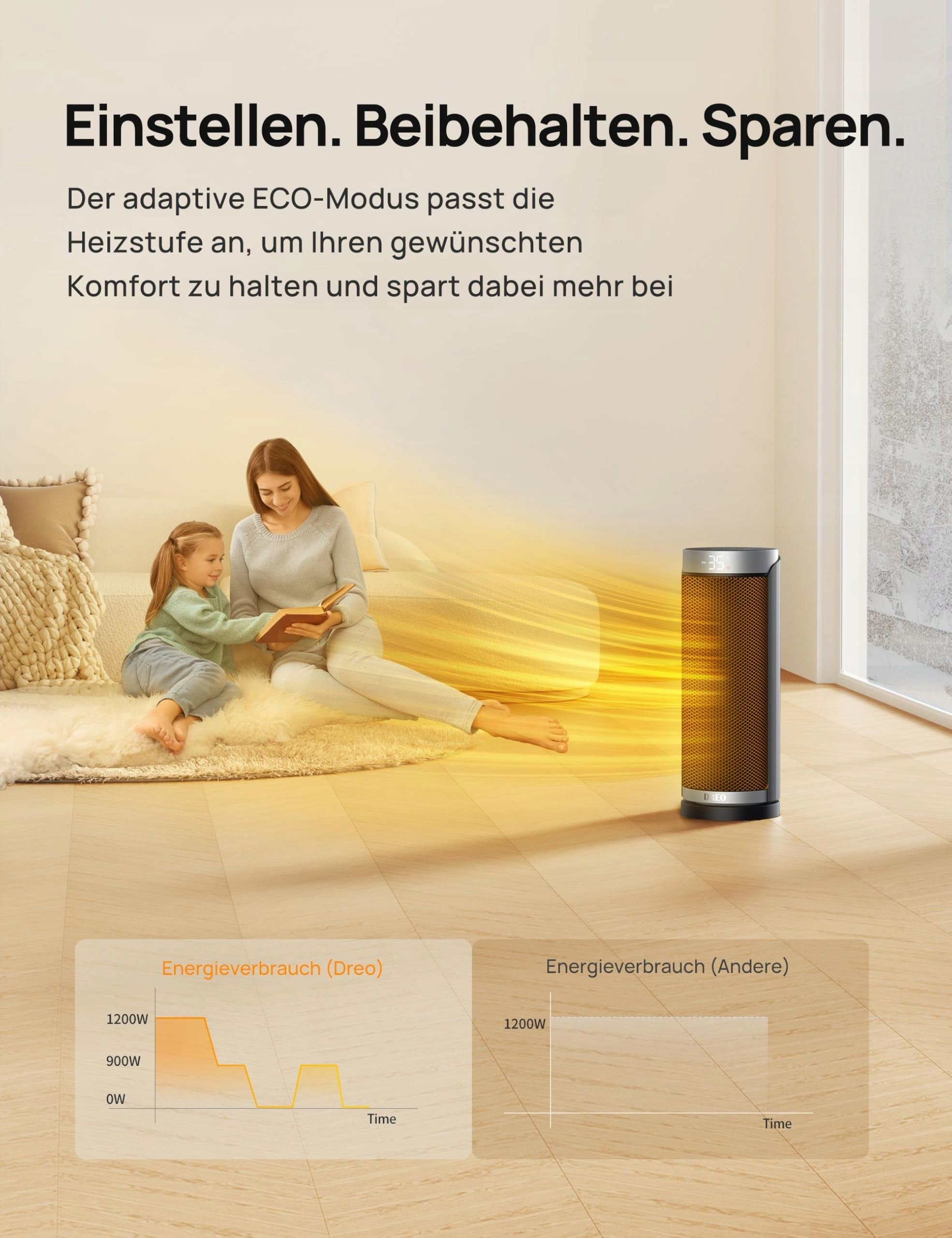 DREO Energy Efficient Ceramic Heater Quiet With Remote Control 70° Oscillation Heating power 1800 W