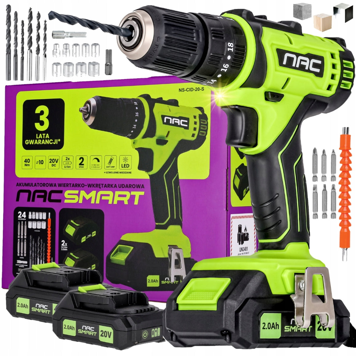 DRILL HAMMER DRIVER CORDLESS 20V SET SUITCASE 2AKU NAC SMART