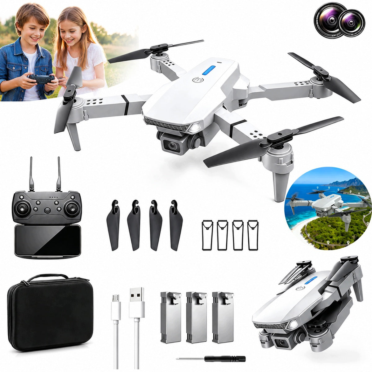 DRONE 2x CAMERA + SUITCASE PILOT RC drone with dual camera 1080P
