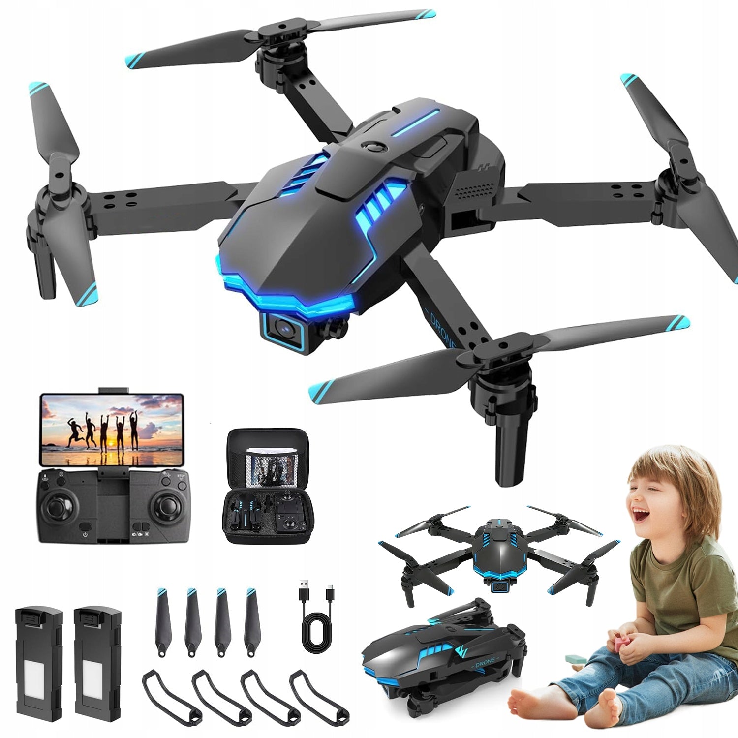 DRONE BRUSHLESS MOTORS 2 CAMERAS WiFi HOVER 2 BATTERIES TOY X6 PRO