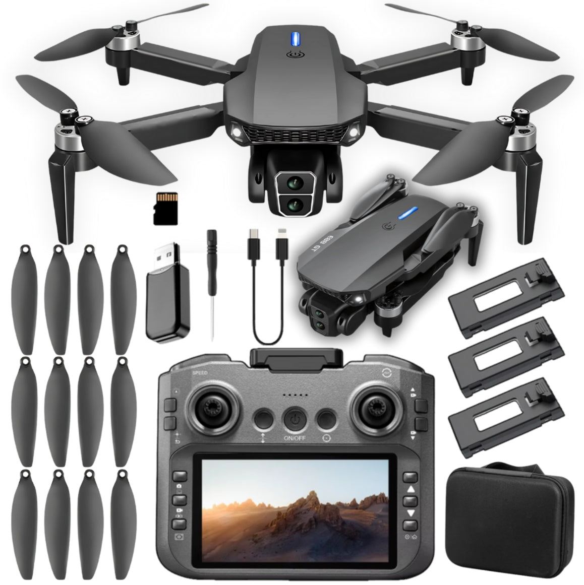 DRONE E88 GT LCD DISPLAY 5' BRUSHLESS MOTORS 3 BATTERIES + 8GB CARD