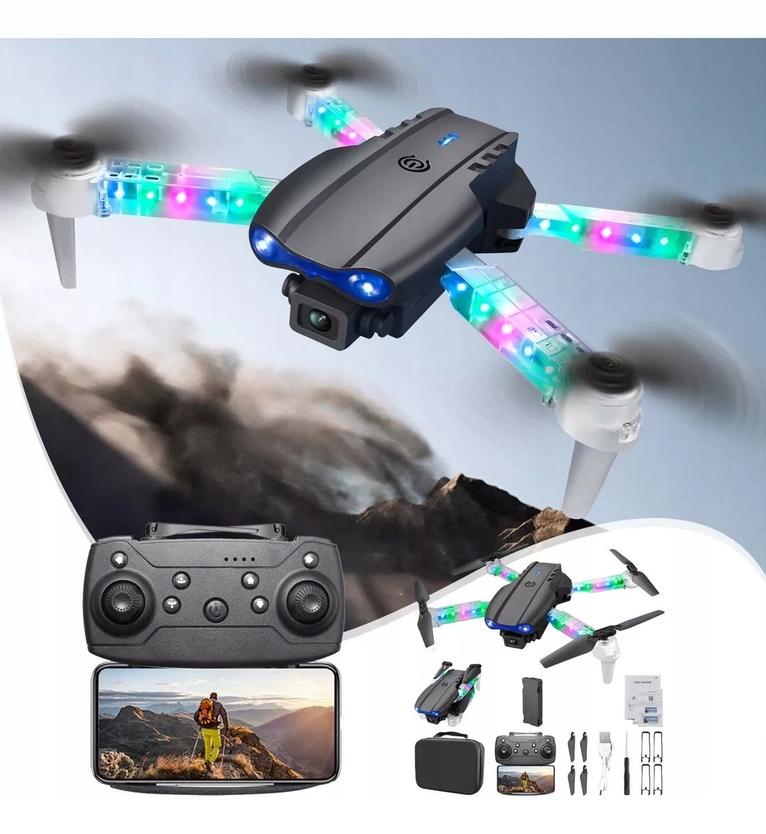 DRONE FOLDING E99 DUAL CAMERAS HOVER MODE ACROBATICS 3D LED Packaging status original